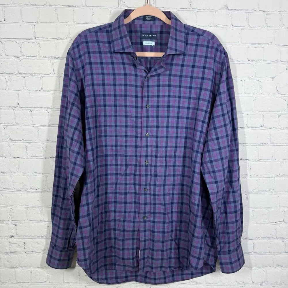 Peter Millar Winter Soft Twill Collection Shirt Mens XL Purple Blue Plaid Preppy